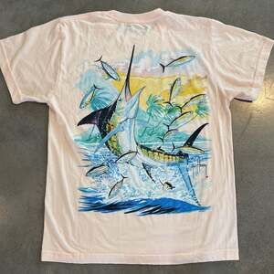Guy Harvey mauve neutral peach fishing print T-shirt tee men small fish tropical